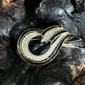 Vintage Rhinestone Black Enamel Brooch Pin Gold Tone Abstract Wave Loop